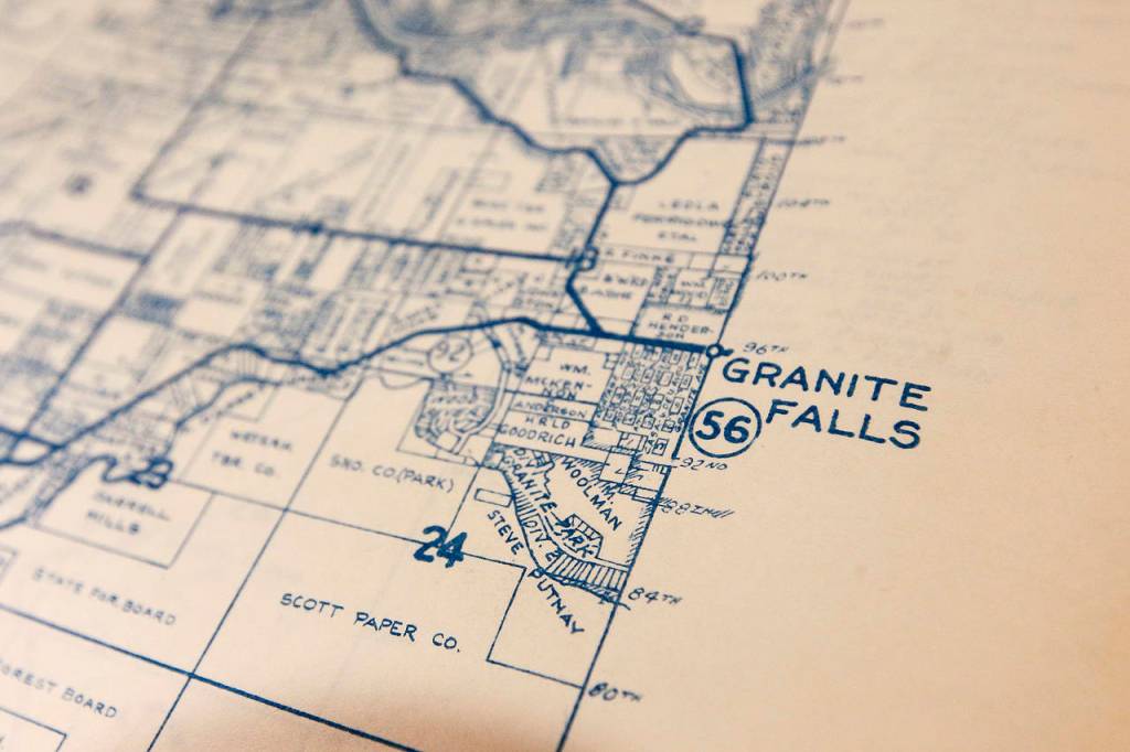 An old map shows Granite Falls at the Granite Falls Historical Museum on Sunday, April 8. (Ian Terry / The Herald)