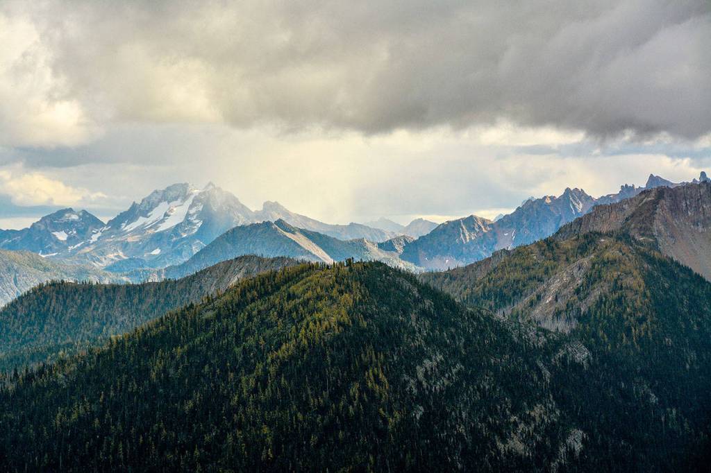 A rainy day on the Pacific Crest Trail north of Harts Pass presented this opportunity to capture Silver Star Mountain illuminated by a brief sunbreak through the dark dramatic clouds above. (Photo by Doug Diekema)