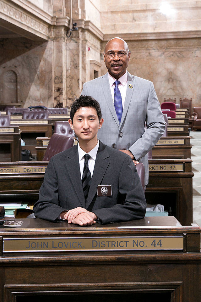 Isaac Yi, a student at Heatherwood Middle School, served as a page in January in the Washington State House of Representatives, sponsored by State Rep. John Lovick. (Contributed photo)