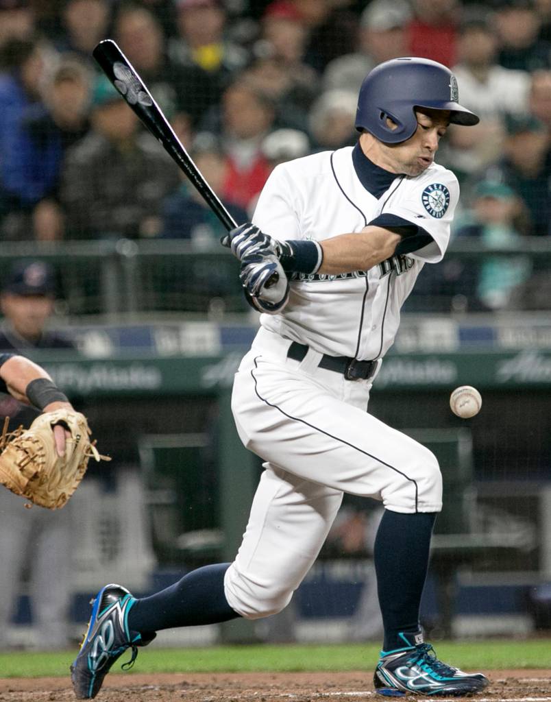 The Mariners Ichiro Suzuki hits a foul ball against the Indians in the home opener at Safeco Field in Seattle on March 29. (Kevin Clark / The Herald)
