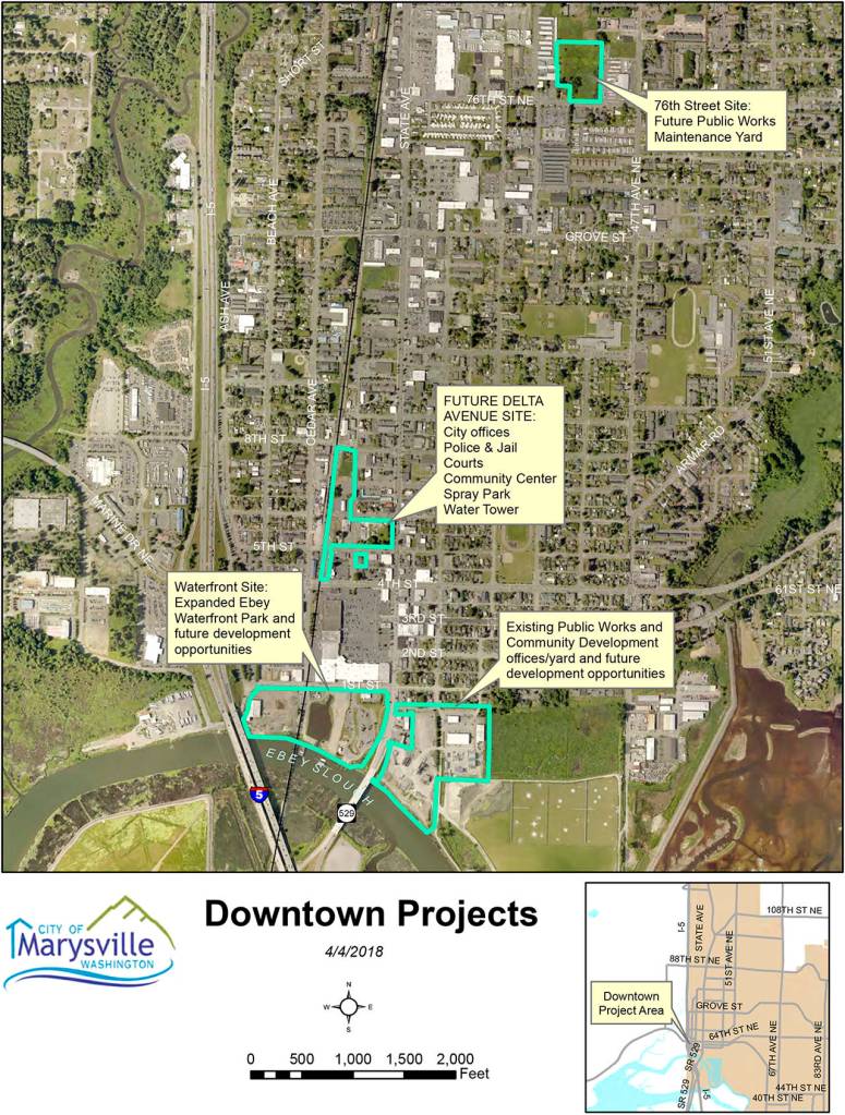 The city of Marysville hopes to build a new police station and jail as part of a civic campus in the next few years. The map shows some of the moving parts that could occur. (City of Marysville)