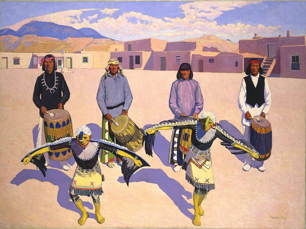 Louise Crows famous painting Eagle Dance, San Ildefonso, 1919 is displayed at the Cascadia Art Museum in Edmonds. It is part of the Travelogue exhibit.
