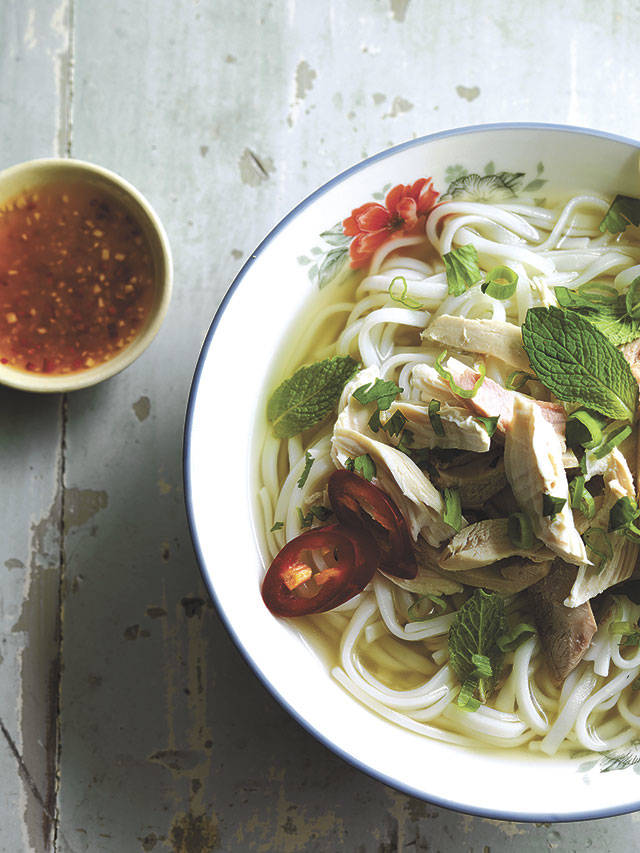 Quick chicken pho, shown here with ginger dipping sauce, takes about 40 minutes to make. (Photography by ​John Lee)