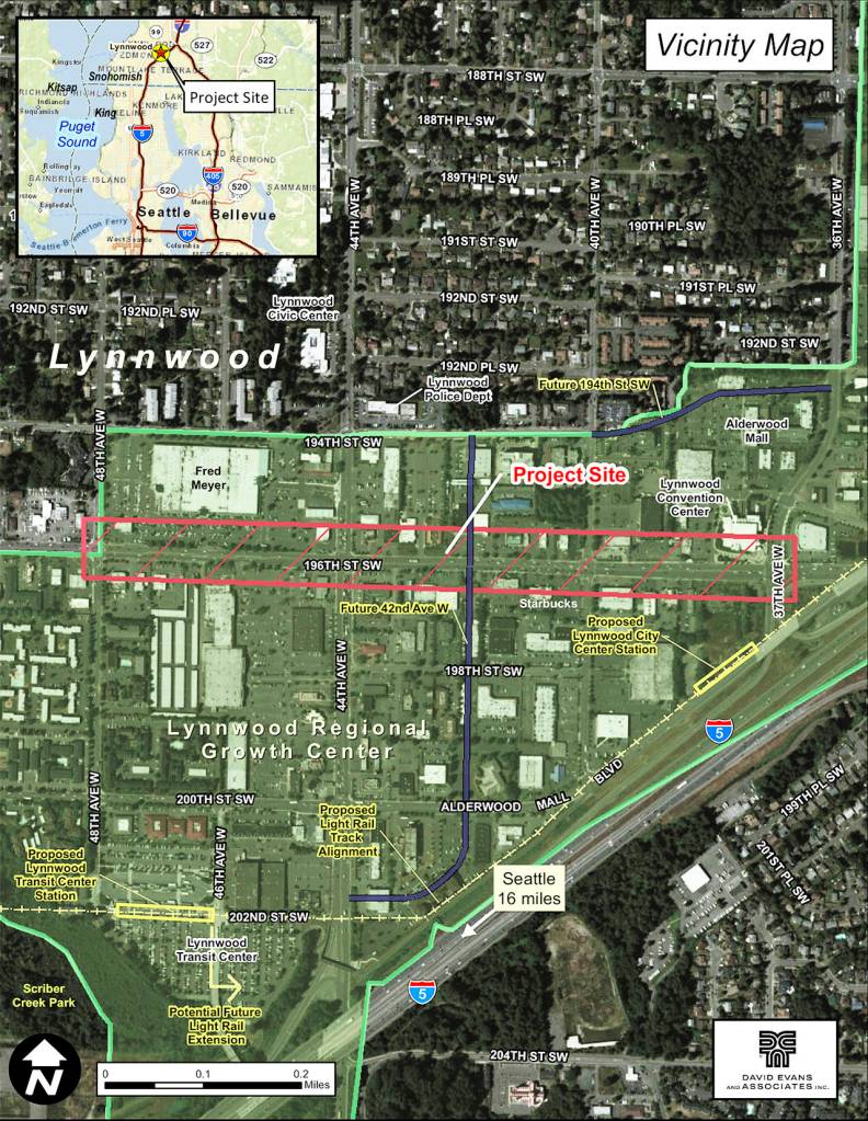 The city of Lynnwood plans to overhaul 196th Street SW, adding lanes and aiming for a more downtown feel. (City of Lynnwood)