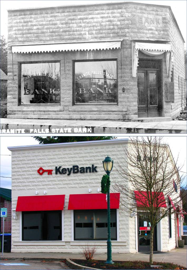 Granite Falls Bank in 1914 (top) and today. (Granite Falls History Museum)