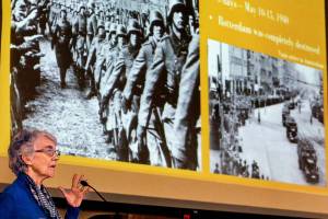 Ingrid Kanis Steppic, the first of four speakers in EvCCs annual Surviving the Holocaust series, talks about her parents helping hide 40 Jews in The Netherlands during the Nazi occupation and her father warning others not to register but to hide. (Dan Bates / The Herald)