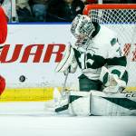 Silvertips goalie Carter Hart makes a save in the first period of a second round playoff game at Angel of the Winds Arena in Everett on Saturday, April 7. (Ian Terry / The Herald)