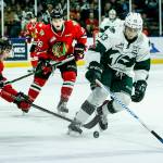 Silvertips center Connor Dewar (right) skates through the Portland Winterhawk defense during a second round playoff game at Angel of the Winds Arena in Everett on Saturday, April 7. (Ian Terry / The Herald)