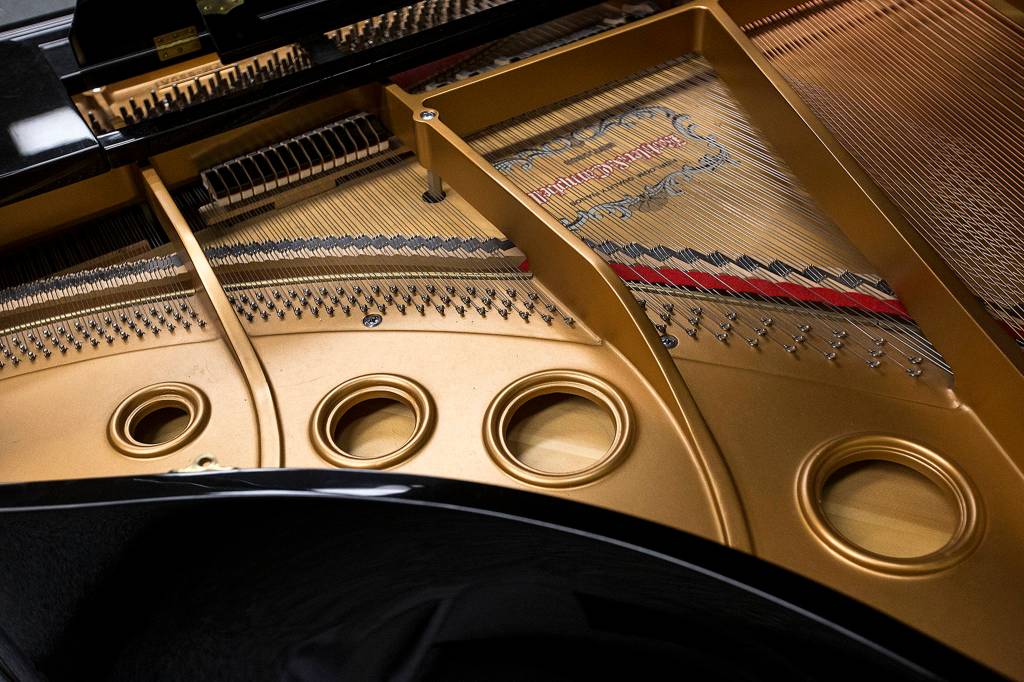The inside of a Kohler & Campbell baby grand piano is seen at Everett High School on March 28. (Ian Terry / The Herald)