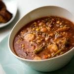 Hearty soup with green beans, peas, corn, ground beef, carrots, onions, beef broth, tomatoes and potatoes. Shot on Tuesday, April 10, 2018 in Everett, Wa. (Andy Bronson / The Herald)