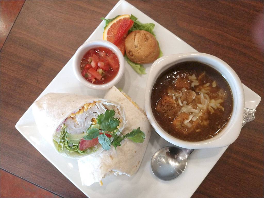 The California wrap and French onion soup are among the dishes served at Wild Rose Bistro in Arlington. (Sara Bruestle/The Herald)