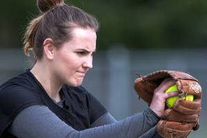 Mackenzee Collins of South Whidbey High winds up for a pitch Thursday afternoon against Granite Falls on April 19, 2018. (Kevin Clark / The Daily Herald)