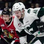 The Winterhawks Ryan Hughes and the Silvertips Garrett Pilon await a faceoff during a playoff game on April 6, 2018, at Angel of the Winds Arena in Everett. (Kevin Clark / The Herald)