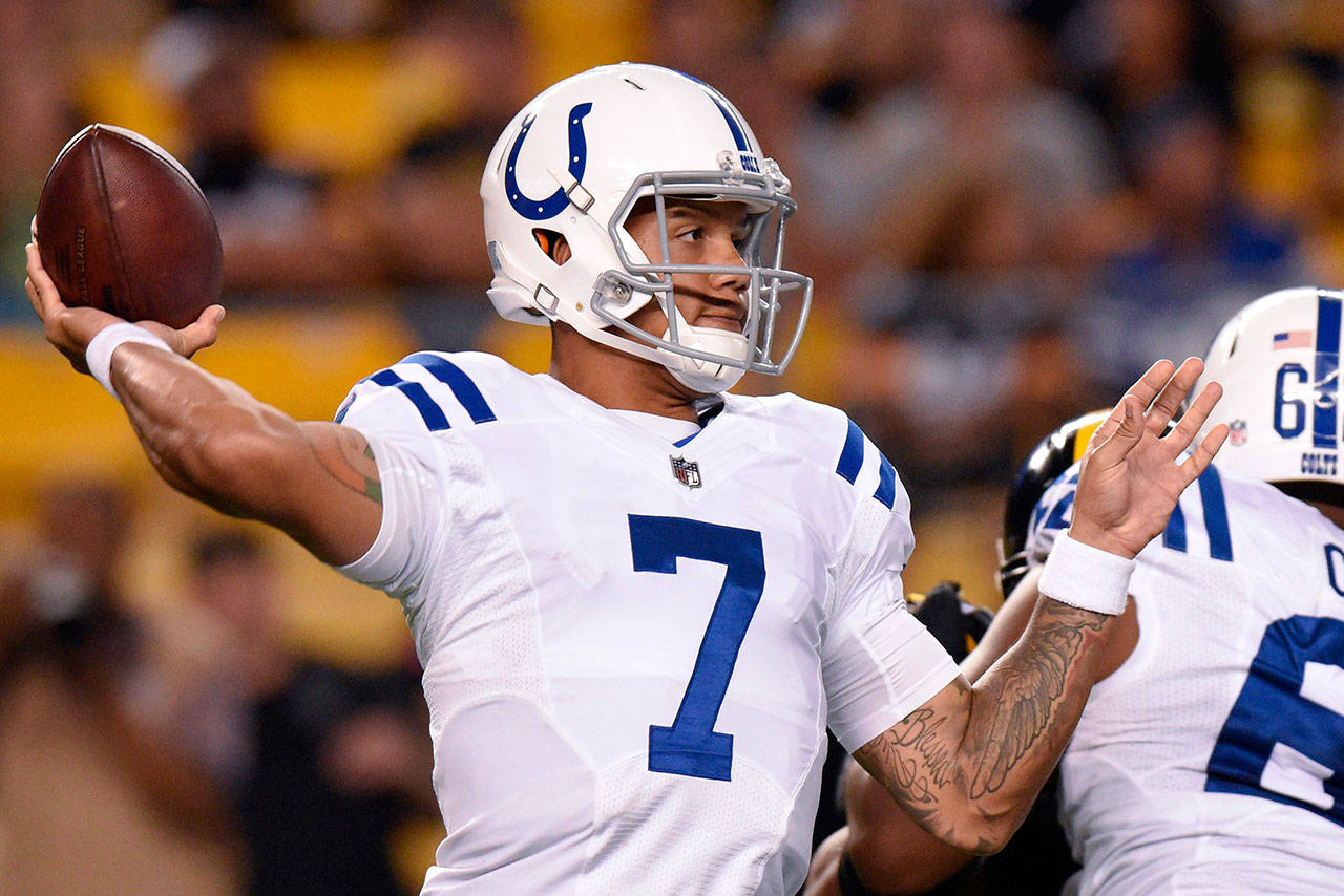 Former Colts quarterback Stephen Morris (7) passes against the Steelers during a preseason game on Aug. 26, 2017, in Pittsburgh. The Seahawks signed Morris on Friday. (AP Photo/Don Wright)