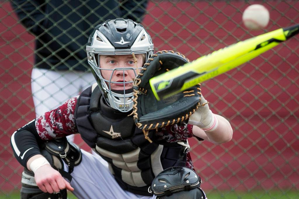 Nicholas Klemp takes practice at Cascade High School in Everett on April 3. Klemp will continue his baseball career at Everett Community College. (Kevin Clark / The Herald)