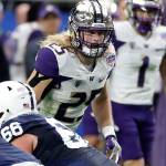 Washingtons Ben Burr-Kirven (25) lines up against Penn State during the Fiesta Bowl on Dec. 30, 2017 in Glendale, Arizona. (AP Photo/Rick Scuteri)