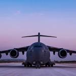 A C-17 Globemaster III, assigned to the 816th Expeditionary Airlift Squadron, conducts combat airlift operations for U.S. and coalition forces in Iraq and Syria on April 13. (U.S. Air Force Photo by Tech. Sgt Gregory Brook)