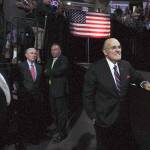 Former New York Mayor Rudolph Giuliani (right) and then-Sen. Jeff Sessions (second from left), R-Alabama, watch as then-candidate Donald Trump speaks to supporters in Everett on Aug. 30, 2016. (Andy Bronson / The Herald)