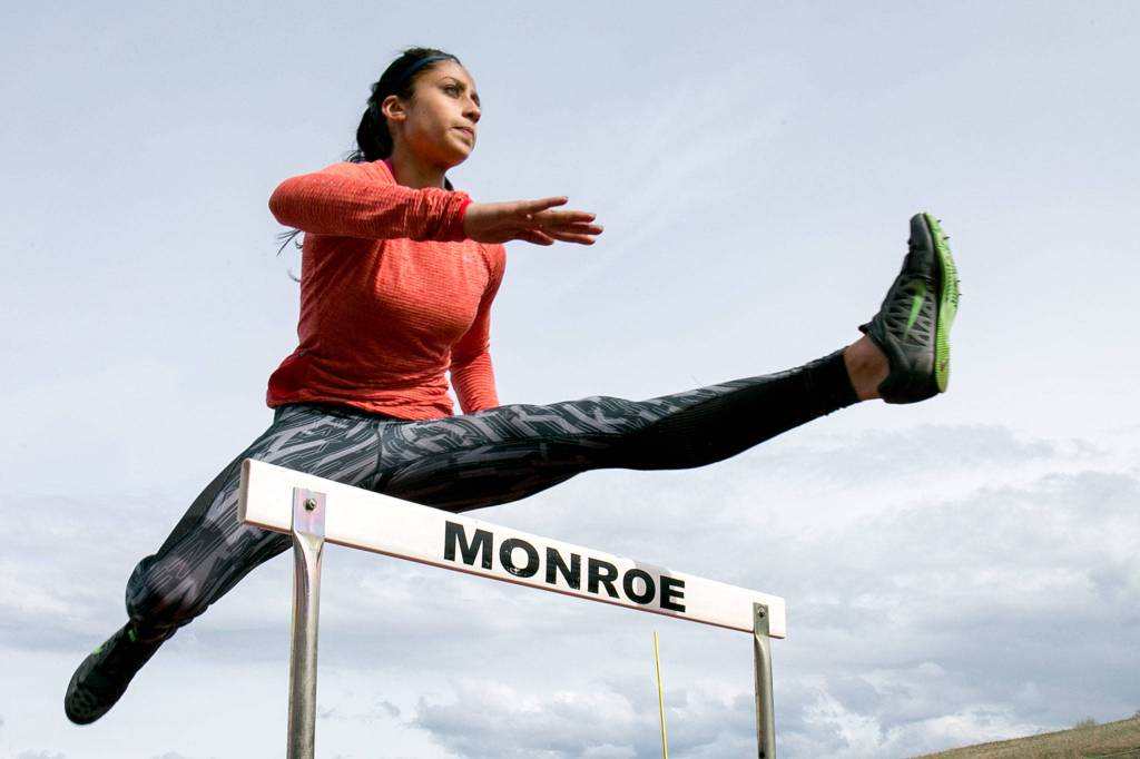 Hannah Ganashamoorthy practices on the hurdles at Monroe High School on April 18. (Kevin Clark / The Herald)