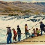 A postcard from the 1930s or 40s shows American Indians using tools to snag salmon at the Columbia Rivers Celio Falls in Oregon. (Tichnor Bros. collection, Boston Public Library)