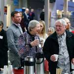 Marian Berge, co-founder of the Snohomish Education Foundation, chats with Rod Vroman, a Kiwanis Club of Snohomish board member, at the Snohomish Education Foundation Breakfast, held March 29 at Glacier Peak High School. (Contributed photo)