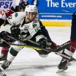 Everetts Matt Fonteyne makes a shot attempt against the Tri-City Americans in game 5 at the Angel of the Winds Arena Saturday night in Everett on April 28, 2018. (Kevin Clark / The Herald)
