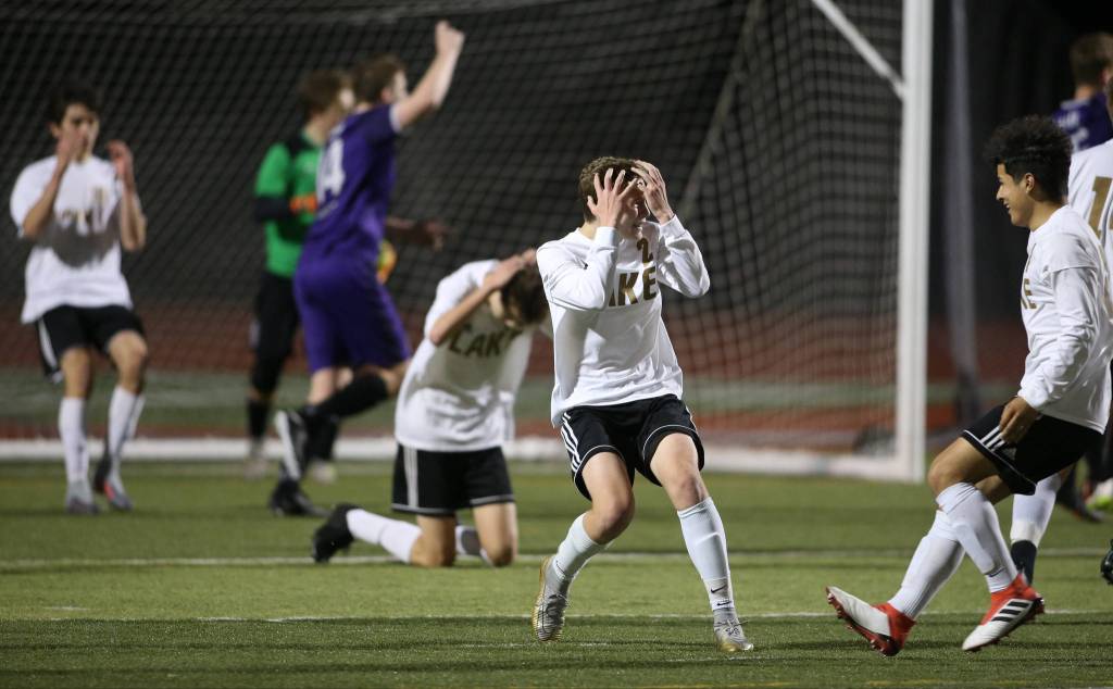 Lake Stevens Jackson Busby (2) reacts as his goal is called back as Kamiak beat Lake Stevens 2-1 in a soccer match on April 24 in Lake Stevens. (Andy Bronson / The Herald)