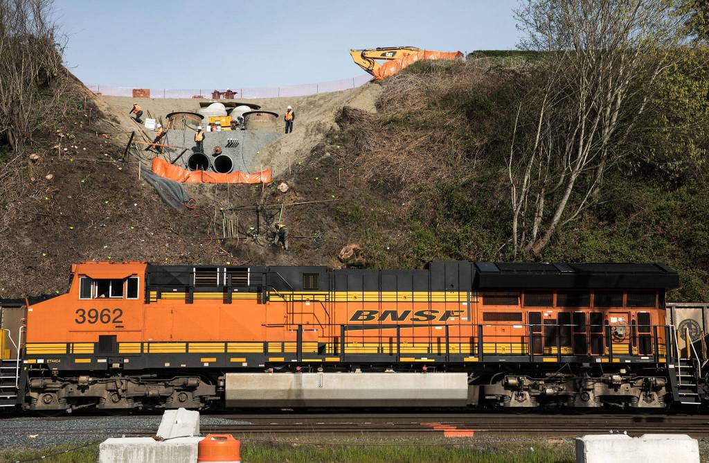 A train passes by workers building the <a href="http://www.heraldnet.com/news/efforts-to-increase-pedestrian-access-to-the-waterfront-stymied/" target="_blank">future pedestrian bridge</a> on the hillside at Grand Avenue Park on April 18 in Everett. (Lizz Giordano / The Herald)
