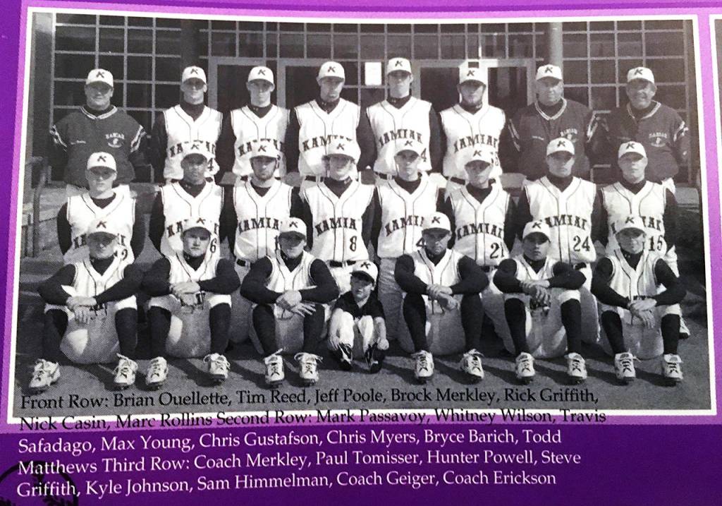 Brian Ouellette played baseball in Mukilteo on teams with both of George Safadagos sons. Travis Safadago, in the second row, third from left, was an infielder for Kamiak High School. Ouellette, in the bottom left corner, pitched. Ouellette would later become a paramedic. In March he helped to revive George following a cardiac arrest. (Brian Ouellette)