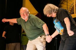 Crackpot Comedy Cavalcade members Bill Dewey and Nancy Dewey work through a skit in an improv class at the Tim Noah Thumbnail Theater in Snohomish. (Kevin Clark / The Herald)