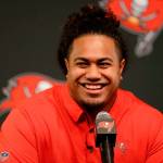 Buccaneers first-round draft pick Vita Vea meets the media during a news conference on April 27, 2018, in Tampa, Fla. Vea, a defensive lineman, played his college football at Washington. (AP Photo/Chris OMeara)