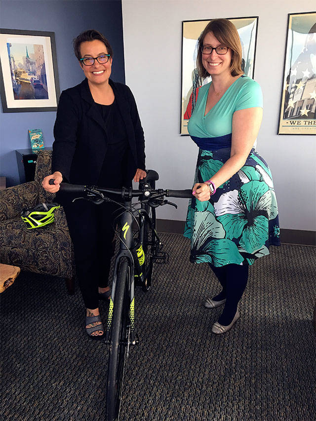 Everett Mayor Cassie Franklin (left) and Mukilteo Mayor Jennifer Gregerson are having a friendly battle for a month-long Bike Month Challenge. (Contributed photo)