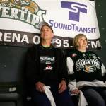 Teresa Sarsted (right) and her husband Bill, original season-ticket holders for the Silvertips, react during Game 3 of the WHL finals on May 8, 2018, at Angel of the Winds Arena in Everett. (Andy Bronson / The Herald)