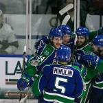 Swift Current players celebrates a goal by Colby Sissons in the second period of Game 4 of the WHL finals on May 9, 2018, at Angel of the Winds Arena in Everett. (Kevin Clark / The Herald)