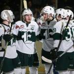 The Everett Silvertips celebrate a goal by Riley Sutter, ,center, as the Tips led the Swift Current Broncos 3-1in the second period at the Angel of the Winds Arena in Game 3 of the WHL Finals on Tuesday, May 8, 2018 in Everett, Wa. (Andy Bronson / The Herald)