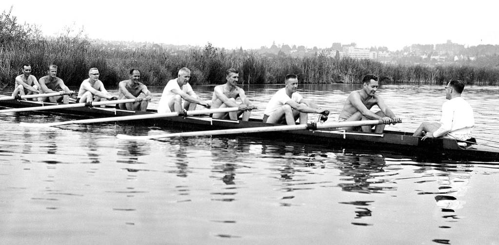 A reunion row of the 1936 Olympic gold-medal-winning crew of the University of Washington. Joe Rantz is third from right. (University of Washington Archive)