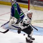 The Silvertips Sean Richards (right) celebrates after his goal in the third period past Swift Current goalie Stuart Skinner during Game 5 of the WHL championship series for May 11, 2018, at Angel of the Winds Arena in Everett. (Kevin Clark / The Herald)