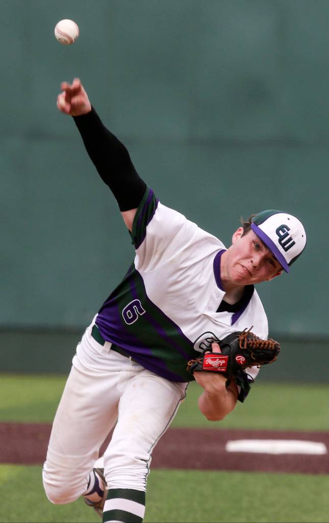 Edmonds-Woodways Ian Michael pitches against Arlington in a 3A baseball district semifinal game held at Everett Memorial Stadium on May 8 in Everett. (Andy Bronson / The Herald)