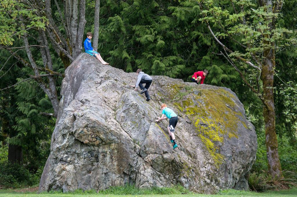 Kids play on glacial erratic in the Martha Lake Airport Park on May 4 in Lynnwood. (Andy Bronson / The Herald)