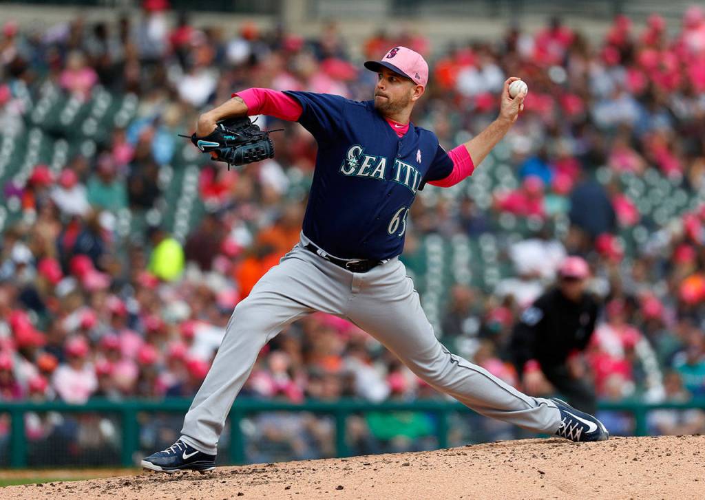 Seattle Mariners pitcher James Paxton throws against the Detroit Tigers in the sixth inning of a baseball game in Detroit, Sunday, May 13, 2018. (AP Photo/Paul Sancya)