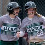 Jacksons Sam Mutolo (left) congratulates Sam Klotters (right) run Thursday afternoon during the 4A District Championship game in Everett on May 17, 2018. Jackson won 2-0. (Kevin Clark / The Herald)