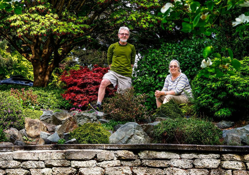 Ted and Sandy Milam pay a visit to a special rock garden that Ted designed at the Everett Arboretum. (Dan Bates / The Herald)