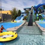 Lifeguards prepare rafts at the new Ray Rush slide at the SeaWorld Aquatica Orlando water park in Orlando, Florida, on May 11. (Joe Burbank/Orlando Sentinel)