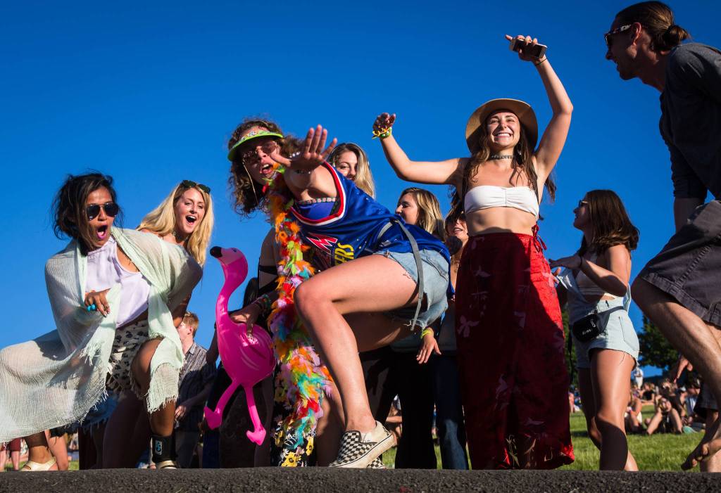 Festivalgoers dance on the hill near the main stage on the first of three days during the annual Sasquatch! music festival on May 26, 2017 in George. (Daniella Beccaria / For the Herald)
