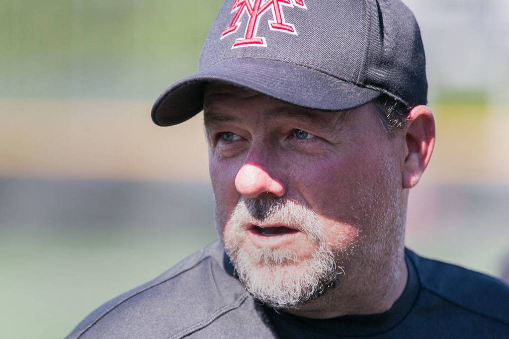 Andrew Watters address the team Wednesday afternoon during practice at Mountlake Terrace High School in Mountlake Terrace on May 23, 2018. The Hawks are headed to state for the first time in school history. (Kevin Clark / The Herald)
