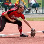 Marysville Pilchuck third baseman Lilianne Fischer gets ready to tag a Prairie runner during a 3A state tournament game on May 25, 2018, at the Regional Athletic Complex in Lacey. (Andy Bronson / The Herald)