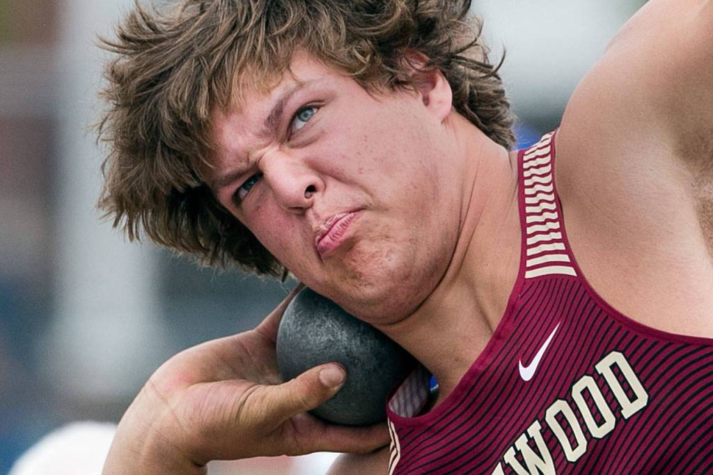 Lakewoods Jon Cox competes in the 2A shot put during the state track and field championships on May 25, 2018, at Mount Tahoma High School in Tacoma. (Kevin Clark / The Herald)