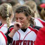 Snohomishs Bailey Greenlee is dejected after loosing to Bonney Lake for the 3A softball championship Saturday afternoon at the Regional Athletic Conference in Lacey on May 26, 2018. (Kevin Clark / The Herald)