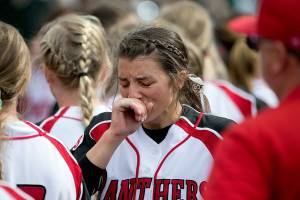Snohomishs Bailey Greenlee is dejected after loosing to Bonney Lake for the 3A softball championship Saturday afternoon at the Regional Athletic Conference in Lacey on May 26, 2018. (Kevin Clark / The Herald)