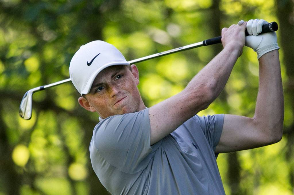 David Hansen tees off on the second day of the 2018 Snohomish County Amateur golf tournament on May 27, 2018, at Harbour Pointe Golf Course in Mukilteo. (Kevin Clark / The Herald)